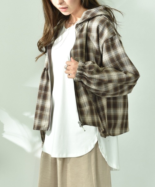 INTERPLANET（インタープラネット）の「チェックペプラム切替ＺＩＰフードジャケット（ブルゾン・レディース・ブラウン/ブラック・FREE）」の19枚目の写真