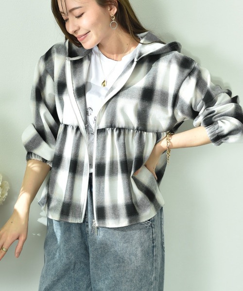 INTERPLANET（インタープラネット）の「チェックペプラム切替ＺＩＰフードジャケット（ブルゾン・レディース・ブラウン/ブラック・FREE）」の10枚目の写真