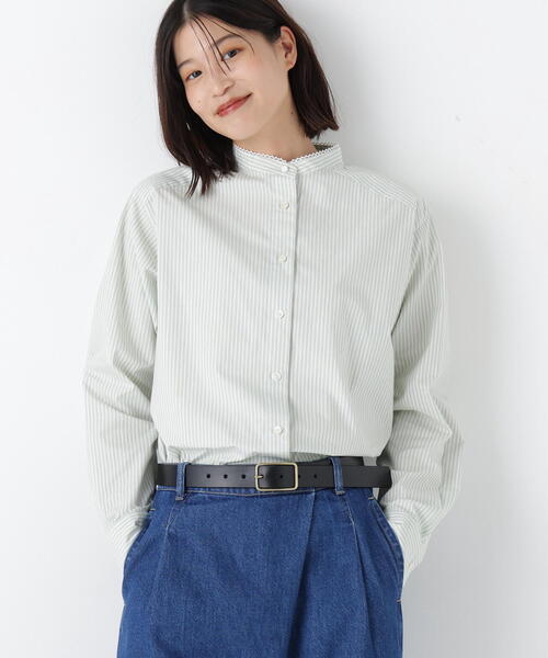 human woman(ヒューマンウーマン)の「◆ドビーストライプレースカラーブラウス(シャツ/ブラウス・レディース・ケリーグリーン/ダークインディゴブルー・MEDIUM)」の2枚目の写真