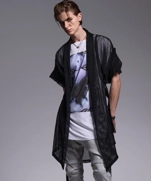kiryuyrik(キリュウキリュウ)の「Kiryuyrik/キリュウキリュウ/Mesh KIMONO Sleeve Cardigan(カーディガン/ボレロ・メンズ・ブラック・SMALL/MEDIUM/LARGE)」の1枚目の写真