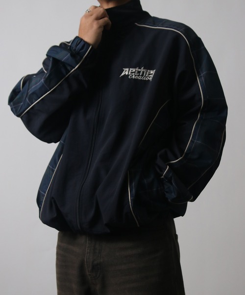 NYLAUS（ナイラス）の「【NYS】2026新作 オーバーサイズ 総柄切替 ゲームシャツテイスト ナイロンジャケット トラックジャケット ブルゾン ヒョウ柄 カモフラ柄 チェック柄（ブルゾン・メンズ・ネイビー/グレー/ブラック・L/M/S）」の3枚目の写真