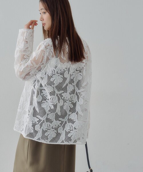 セール】【Noka】コード刺繍レースノーカラーカーディガン
