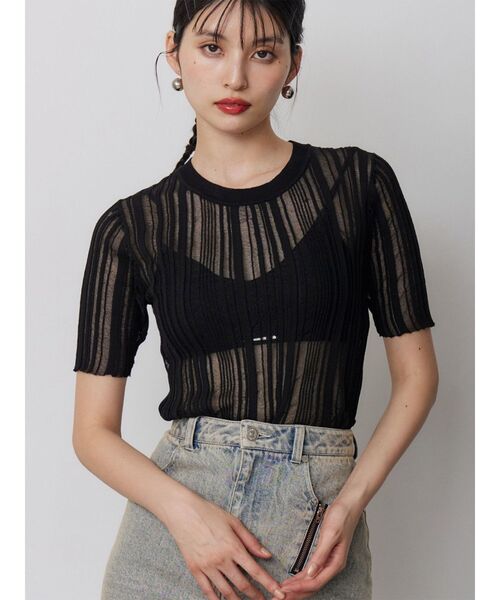 MURUA(ムルーア)の「シアーストライプニット(ニット/セーター・レディース・ブラック/アイボリー/ブルー・FREE)」の1枚目の写真