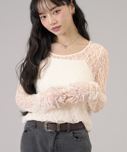 apres jour mignon（アプレジュールミニョン）の「レースロンT（Tシャツ/カットソー・レディース・アイボリー/ブラック/オフホワイト・LARGE/フリー）」の2枚目の写真