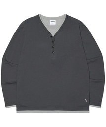 LAYERED HENLEY NECK LONG SLEEVE TEE - CHARCOAL