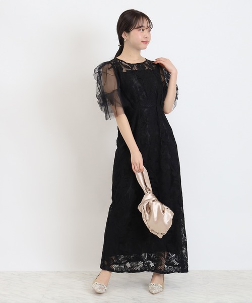 TRUDEA（トルディア）の「リーフレース×袖チュールワンピース（ドレス・レディース・ブルー/ブラック・MEDIUM）」の2枚目の写真