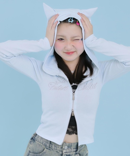 ANAP GiRL(アナップガール)の「アソート柄 ネコミミ 付 ダブル ジップ カット パーカー【セットアップ対応】(パーカー・キッズ・ネイビー/サックスブルー/ホワイト×ブラック・XS/M/S)」の15枚目の写真