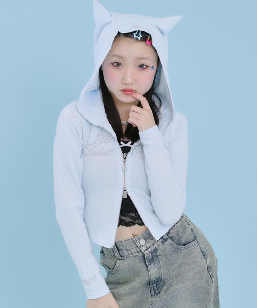 ANAP GiRL(アナップガール)の「アソート柄 ネコミミ 付 ダブル ジップ カット パーカー【セットアップ対応】(パーカー・キッズ・ネイビー/サックスブルー/ホワイト×ブラック・XS/M/S)」の16枚目の写真
