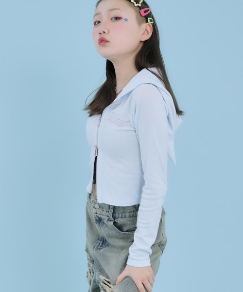 ANAP GiRL(アナップガール)の「アソート柄 ネコミミ 付 ダブル ジップ カット パーカー【セットアップ対応】(パーカー・キッズ・ネイビー/サックスブルー/ホワイト×ブラック・XS/M/S)」の18枚目の写真