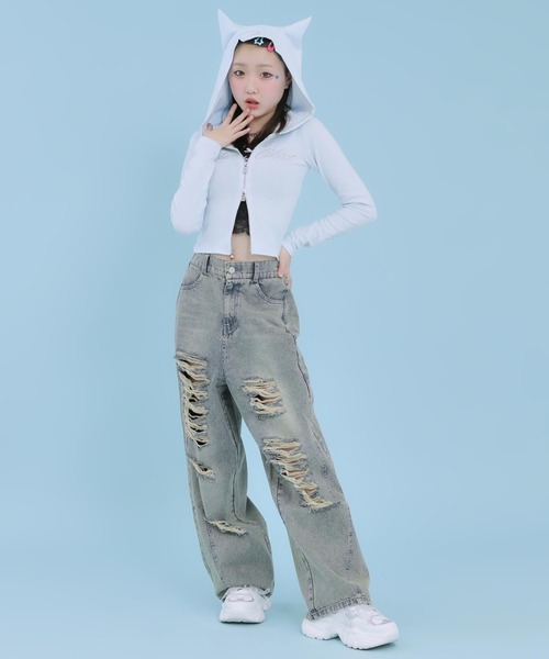 ANAP GiRL(アナップガール)の「アソート柄 ネコミミ 付 ダブル ジップ カット パーカー【セットアップ対応】(パーカー・キッズ・ネイビー/サックスブルー/ホワイト×ブラック・XS/M/S)」の20枚目の写真