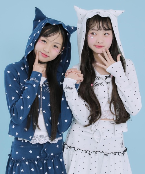 ANAP GiRL(アナップガール)の「アソート柄 ネコミミ 付 ダブル ジップ カット パーカー【セットアップ対応】(パーカー・キッズ・ネイビー/サックスブルー/ホワイト×ブラック・XS/M/S)」の4枚目の写真