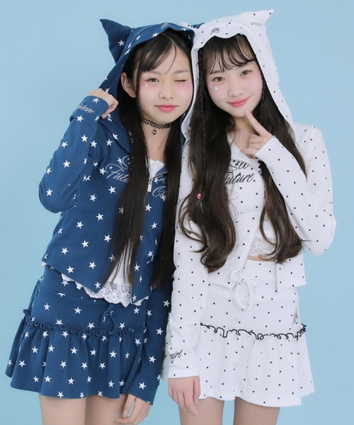 ANAP GiRL(アナップガール)の「アソート柄 ネコミミ 付 ダブル ジップ カット パーカー【セットアップ対応】(パーカー・キッズ・ネイビー/サックスブルー/ホワイト×ブラック・XS/M/S)」の5枚目の写真