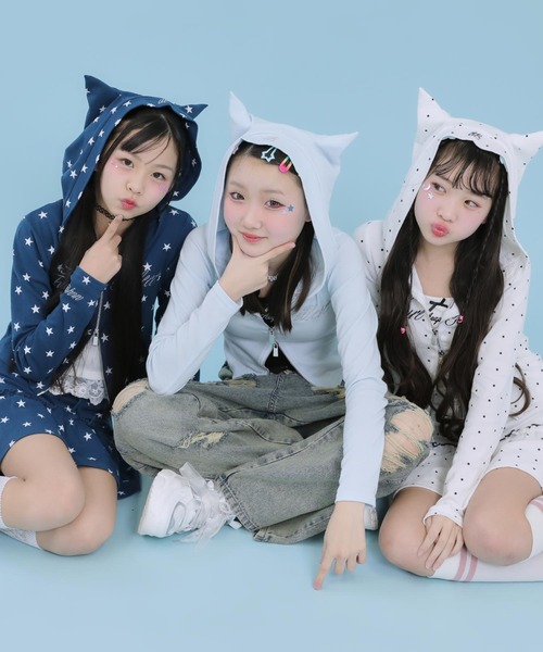 ANAP GiRL(アナップガール)の「アソート柄 ネコミミ 付 ダブル ジップ カット パーカー【セットアップ対応】(パーカー・キッズ・ネイビー/サックスブルー/ホワイト×ブラック・XS/M/S)」の8枚目の写真