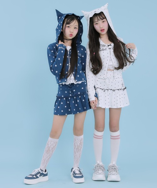 ANAP GiRL(アナップガール)の「アソート柄 ネコミミ 付 ダブル ジップ カット パーカー【セットアップ対応】(パーカー・キッズ・ネイビー/サックスブルー/ホワイト×ブラック・XS/M/S)」の21枚目の写真