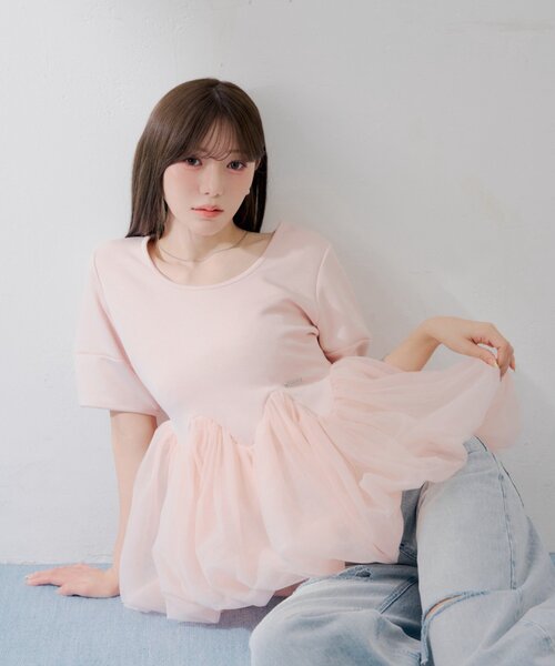 【SALON by Chico】チューリップチュールバルーントップス　ピンク Chico（チコ） tシャツ 「SALON by Chico」デザインスリーブ