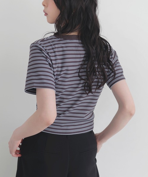 LIAN(リアン)の「ボーダークロップドT(Tシャツ/カットソー・レディース・チャコールグレー/ベージュ/杢グレー/ブラック・FREE)」の7枚目の写真