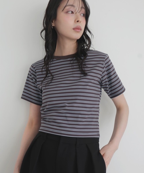 LIAN(リアン)の「ボーダークロップドT(Tシャツ/カットソー・レディース・チャコールグレー/ベージュ/杢グレー/ブラック・FREE)」の8枚目の写真