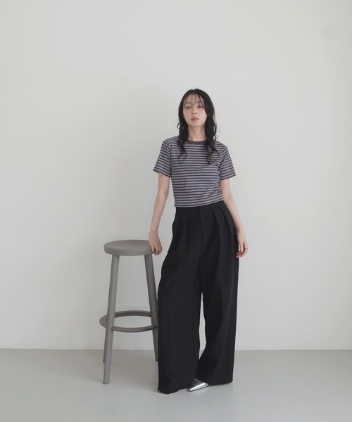LIAN(リアン)の「ボーダークロップドT(Tシャツ/カットソー・レディース・チャコールグレー/ベージュ/杢グレー/ブラック・FREE)」の9枚目の写真