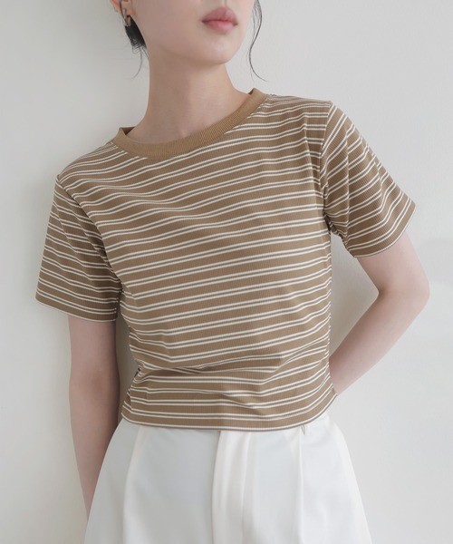 LIAN(リアン)の「ボーダークロップドT(Tシャツ/カットソー・レディース・チャコールグレー/ベージュ/杢グレー/ブラック・FREE)」の10枚目の写真