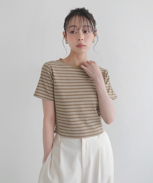 LIAN(リアン)の「ボーダークロップドT(Tシャツ/カットソー・レディース・チャコールグレー/ベージュ/杢グレー/ブラック・FREE)」の11枚目の写真