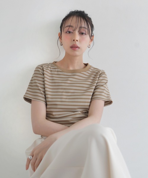 LIAN(リアン)の「ボーダークロップドT(Tシャツ/カットソー・レディース・チャコールグレー/ベージュ/杢グレー/ブラック・FREE)」の13枚目の写真