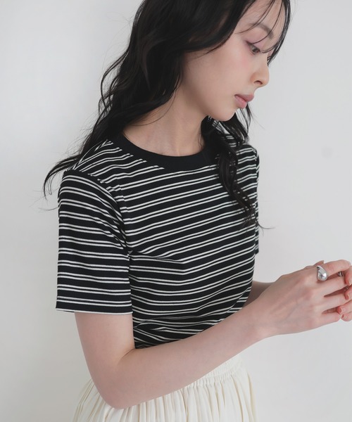 LIAN(リアン)の「ボーダークロップドT(Tシャツ/カットソー・レディース・チャコールグレー/ベージュ/杢グレー/ブラック・FREE)」の18枚目の写真