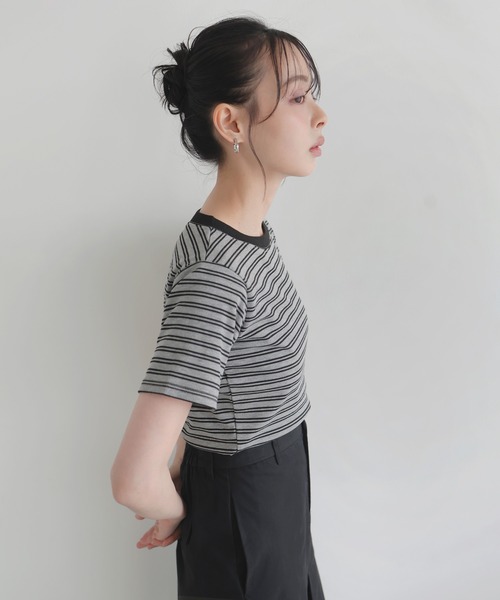 LIAN(リアン)の「ボーダークロップドT(Tシャツ/カットソー・レディース・チャコールグレー/ベージュ/杢グレー/ブラック・FREE)」の22枚目の写真