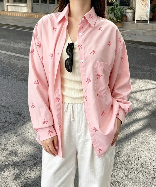 Miniministore(ミニミニストア)の「総柄リボンシャツブラウス ゆったりシャツ(シャツ/ブラウス・レディース・ピンク/ブルー/ホワイト・FREE)」の7枚目の写真
