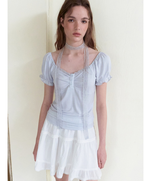ETMON(エトモン)の「Lace Scarf Puff T-Shirt, Greyish Blue(Tシャツ/カットソー・レディース・その他・F)」の1枚目の写真
