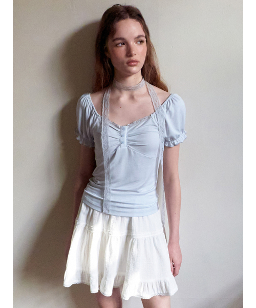 ETMON(エトモン)の「Lace Scarf Puff T-Shirt, Greyish Blue(Tシャツ/カットソー・レディース・その他・F)」の2枚目の写真