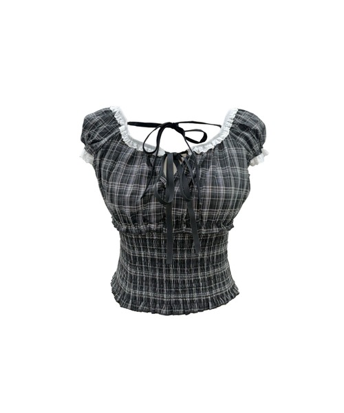 ALLuRing ChaRm(アリュリングチャーム)の「Girly Check Lace-up Blouse / ガーリーチェックレースアップブラウス(シャツ/ブラウス・レディース・ブラック・FREE)」の1枚目の写真