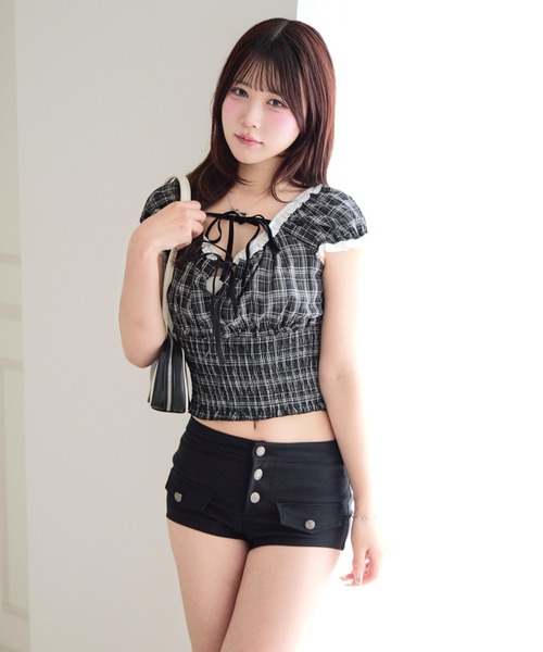 ALLuRing ChaRm(アリュリングチャーム)の「Girly Check Lace-up Blouse / ガーリーチェックレースアップブラウス(シャツ/ブラウス・レディース・ブラック・FREE)」の10枚目の写真