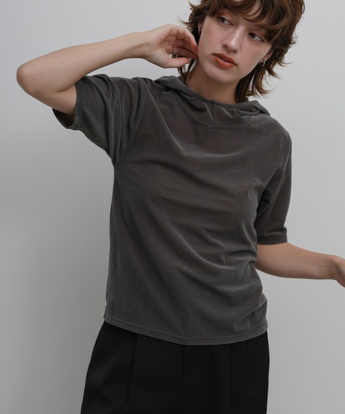 select MOCA(セレクトモカ)の「プチハイライトベロアフーディートップス(Tシャツ/カットソー・レディース・グレー/アイボリー/ブラック・FREE)」の1枚目の写真