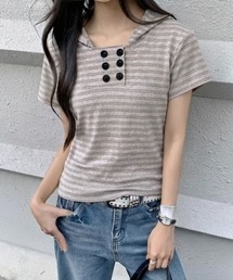 【春夏新作】ダブルボタンフード付きボーダー半袖トップス