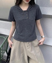 【春夏新作】ダブルボタンフード付きボーダー半袖トップス