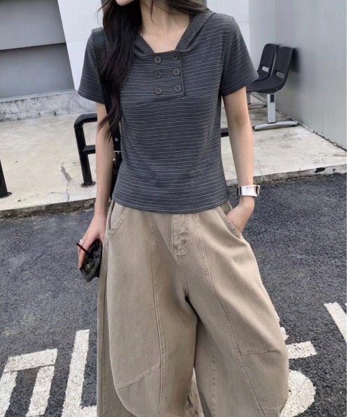 LADY LIKE(レディライク)の「【春夏新作】ダブルボタンフード付きボーダー半袖トップス(Tシャツ/カットソー・レディース・ダークグレー/ピンク・M)」の8枚目の写真