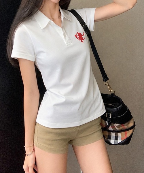meJane(ミージェーン)の「ワンポイントモチーフ 半そでポロトップス(ポロシャツ・レディース・ネイビー/コーラルピンク/ホワイト/ブラック・FREE)」の5枚目の写真
