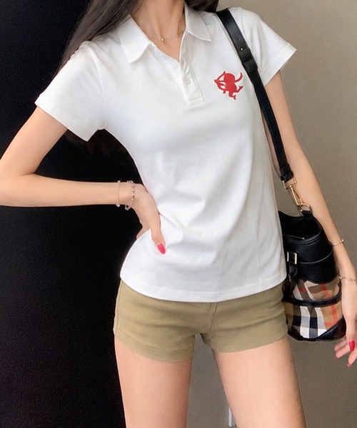 meJane(ミージェーン)の「ワンポイントモチーフ 半そでポロトップス(ポロシャツ・レディース・ネイビー/コーラルピンク/ホワイト/ブラック・FREE)」の6枚目の写真
