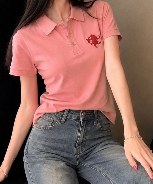 meJane(ミージェーン)の「ワンポイントモチーフ 半そでポロトップス(ポロシャツ・レディース・ネイビー/コーラルピンク/ホワイト/ブラック・FREE)」の15枚目の写真