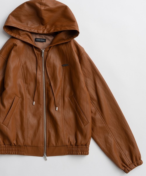 MAISON SPECIAL（メゾンスペシャル）の「Faux Leather Hoodie Parka/フェイクレザーフーディパーカー（ブルゾン・レディース・ブラック/キャメル/アイボリー・FREE）」の14枚目の写真