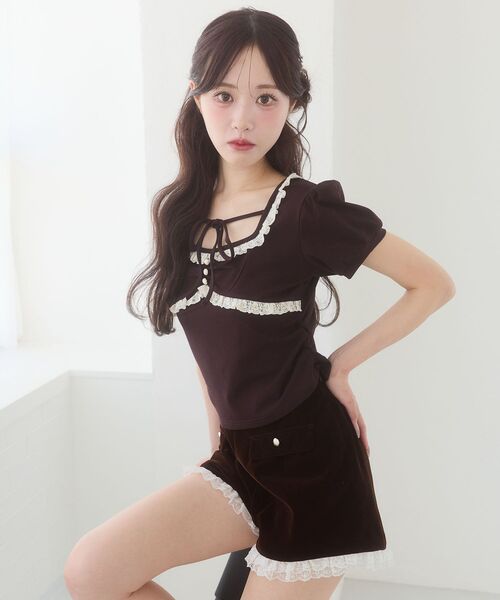 MAJESTIC LEGON(マジェスティックレゴン)の「レーストリムサイドギャザートップス(Tシャツ/カットソー・レディース・ピンク/ブラウン/ブラック・MEDIUM)」の2枚目の写真