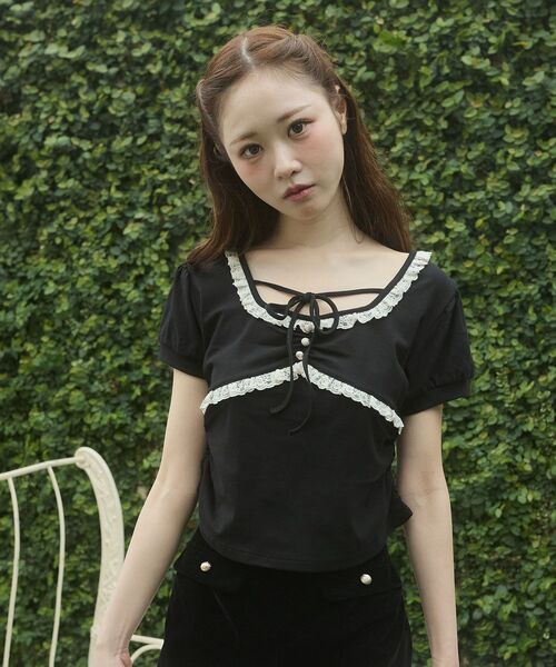 MAJESTIC LEGON(マジェスティックレゴン)の「レーストリムサイドギャザートップス(Tシャツ/カットソー・レディース・ピンク/ブラウン/ブラック・MEDIUM)」の6枚目の写真