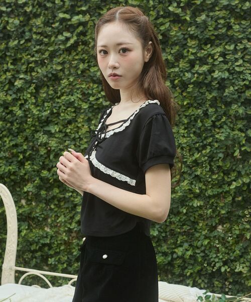 MAJESTIC LEGON(マジェスティックレゴン)の「レーストリムサイドギャザートップス(Tシャツ/カットソー・レディース・ピンク/ブラウン/ブラック・MEDIUM)」の7枚目の写真