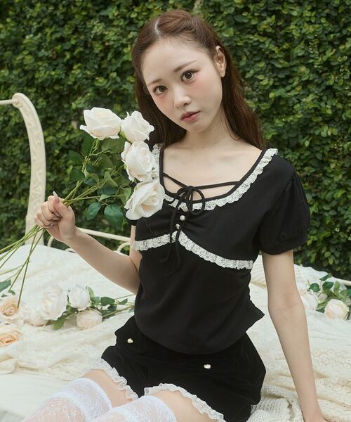 MAJESTIC LEGON(マジェスティックレゴン)の「レーストリムサイドギャザートップス(Tシャツ/カットソー・レディース・ピンク/ブラウン/ブラック・MEDIUM)」の10枚目の写真