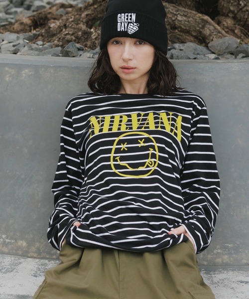 ROCK-OFF（ロックオフ）の「NIRVANA / ニルヴァーナ "Classic Happy Face" Black & White Striped T-shirt クラシックハッピーフェイス ボーダー Tシャツ 前面プリント 長袖 クルーネック ロンT バンドT メンズ レディース 2026年 秋 秋服 冬 冬服（Tシャツ/カットソー・メンズ・ブラック・S/M/L/XL）」の7枚目の写真