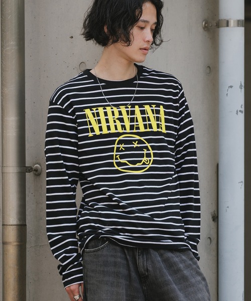 ROCK-OFF（ロックオフ）の「NIRVANA / ニルヴァーナ "Classic Happy Face" Black & White Striped T-shirt クラシックハッピーフェイス ボーダー Tシャツ 前面プリント 長袖 クルーネック ロンT バンドT メンズ レディース 2026年 秋 秋服 冬 冬服（Tシャツ/カットソー・メンズ・ブラック・S/M/L/XL）」の13枚目の写真