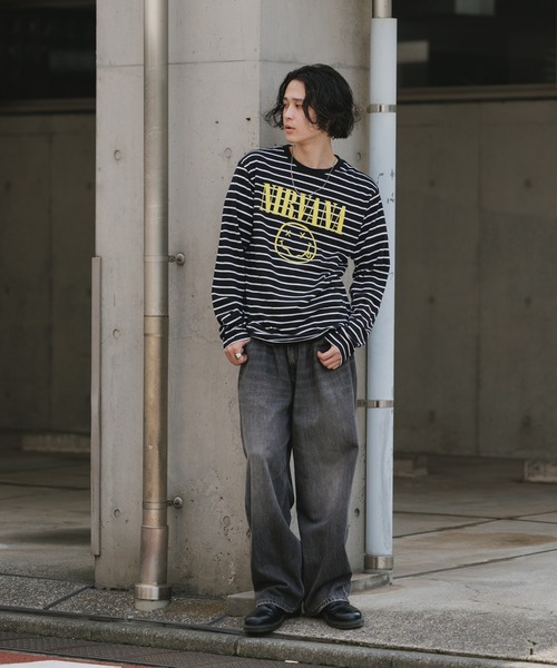 ROCK-OFF（ロックオフ）の「NIRVANA / ニルヴァーナ "Classic Happy Face" Black & White Striped T-shirt クラシックハッピーフェイス ボーダー Tシャツ 前面プリント 長袖 クルーネック ロンT バンドT メンズ レディース 2026年 秋 秋服 冬 冬服（Tシャツ/カットソー・メンズ・ブラック・S/M/L/XL）」の20枚目の写真