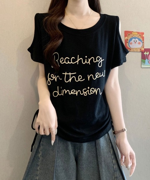 Girly Doll(ガーリードール)の「レタリングカットアウトサイドギャザーTシャツ(Tシャツ/カットソー・レディース・ブラック/ライトブルー/ホワイト・M/L)」の15枚目の写真