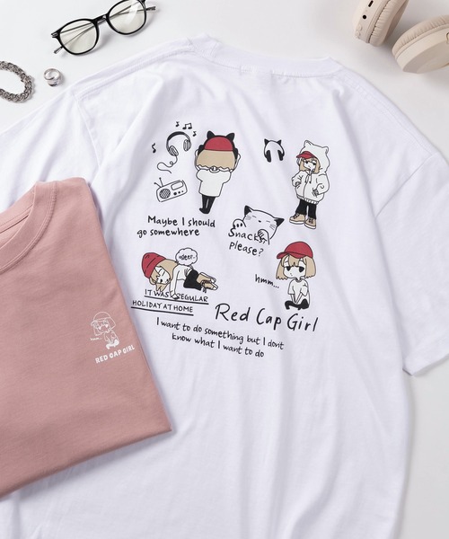 Red Cap Girl(レッドキャプガール)の「【70】【RCG/レッドキャップガール】グラフィック バックプリント Tシャツ/デフォルメプリント/フロントワンポイント/キャラクター/ユニセックス/レディース/メンズ(Tシャツ/カットソー・メンズ・グリーン/グレー/ブラック/ホワイト/ピンク・M/L)」の1枚目の写真