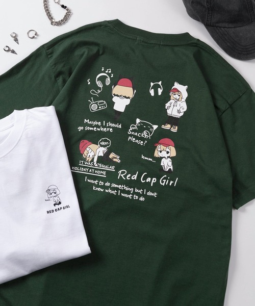 Red Cap Girl(レッドキャプガール)の「【70】【RCG/レッドキャップガール】グラフィック バックプリント Tシャツ/デフォルメプリント/フロントワンポイント/キャラクター/ユニセックス/レディース/メンズ(Tシャツ/カットソー・メンズ・グリーン/グレー/ブラック/ホワイト/ピンク・M/L)」の4枚目の写真